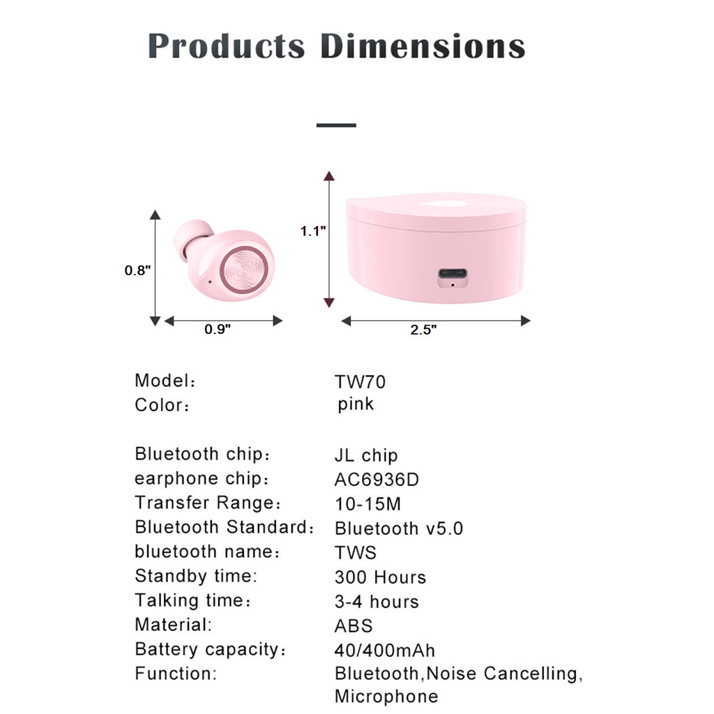 Wireless Earbuds with Wireless Charging Case IPX4 Waterproof - Pink