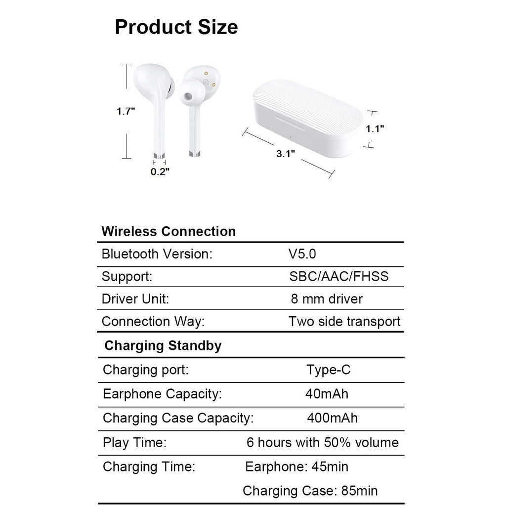 Wireless Earbuds with Wireless Charging Case IPX4 Waterproof - White
