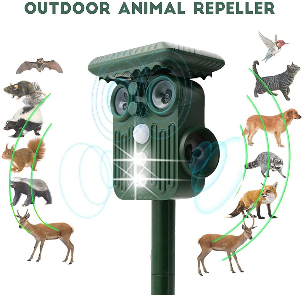 Ultrasonic Solar Animal Repeller Pack of 2 - 5 Adjustable Modes - Get Rid of Deer, Squirrels, and Raccoons in 48 Hours